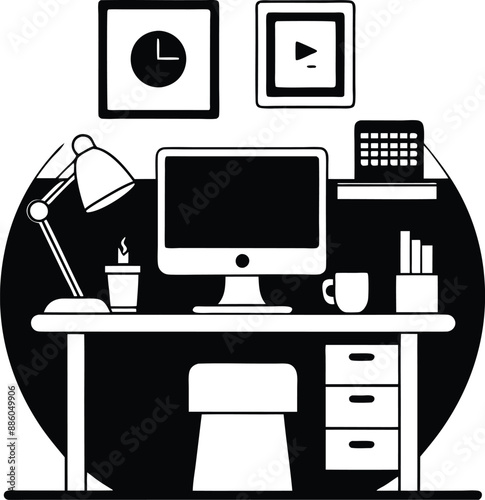 computer workspace silhouette illustration. workspace, office, computer, workplace, business, desk, modern, screen, 