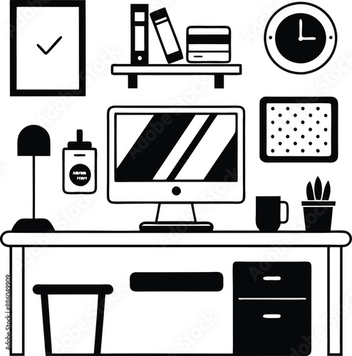 computer workspace silhouette illustration. workspace, office, computer, workplace, business, desk, modern, screen, 