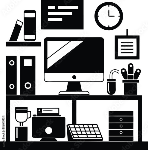 computer workspace silhouette illustration. workspace, office, computer, workplace, business, desk, modern, screen, 