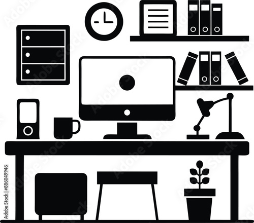 computer workspace silhouette illustration. workspace, office, computer, workplace, business, desk, modern, screen, 