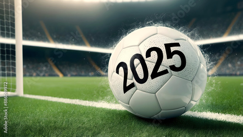 Obraz na płótnie happy new 2025 year soccer themed, football background, sport concept, template, soccer field w salonie