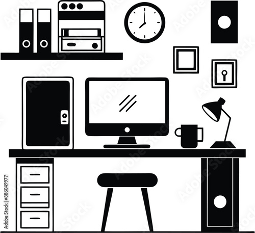 computer workspace silhouette illustration. workspace, office, computer, workplace, business, desk, modern, screen, 