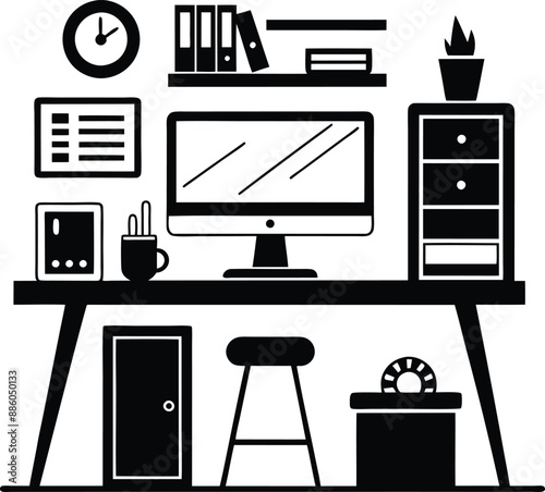 computer workspace silhouette illustration. workspace, office, computer, workplace, business, desk, modern, screen, 