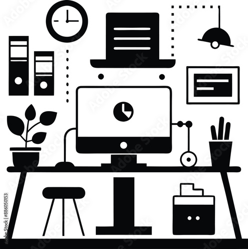 computer workspace silhouette illustration. workspace, office, computer, workplace, business, desk, modern, screen, 