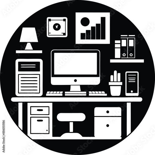 computer workspace silhouette illustration. workspace, office, computer, workplace, business, desk, modern, screen, 