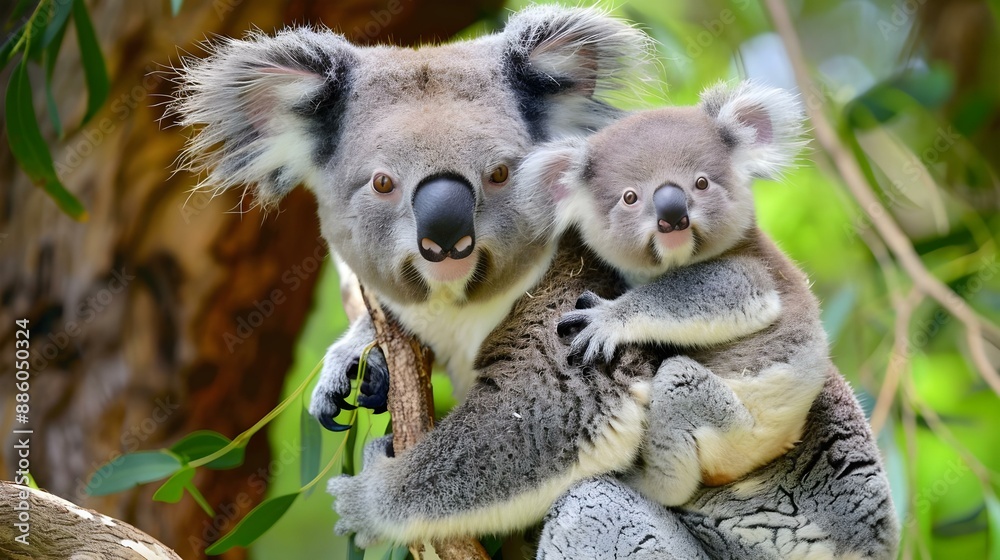 Fototapeta premium Mother koala with baby on her back