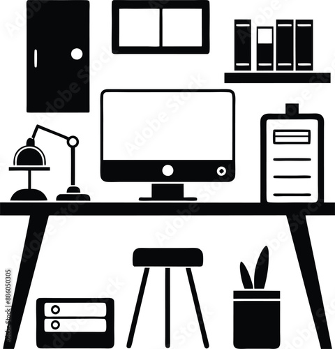 computer workspace silhouette illustration. workspace, office, computer, workplace, business, desk, modern, screen, 
