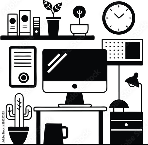 computer workspace silhouette illustration. workspace, office, computer, workplace, business, desk, modern, screen, 