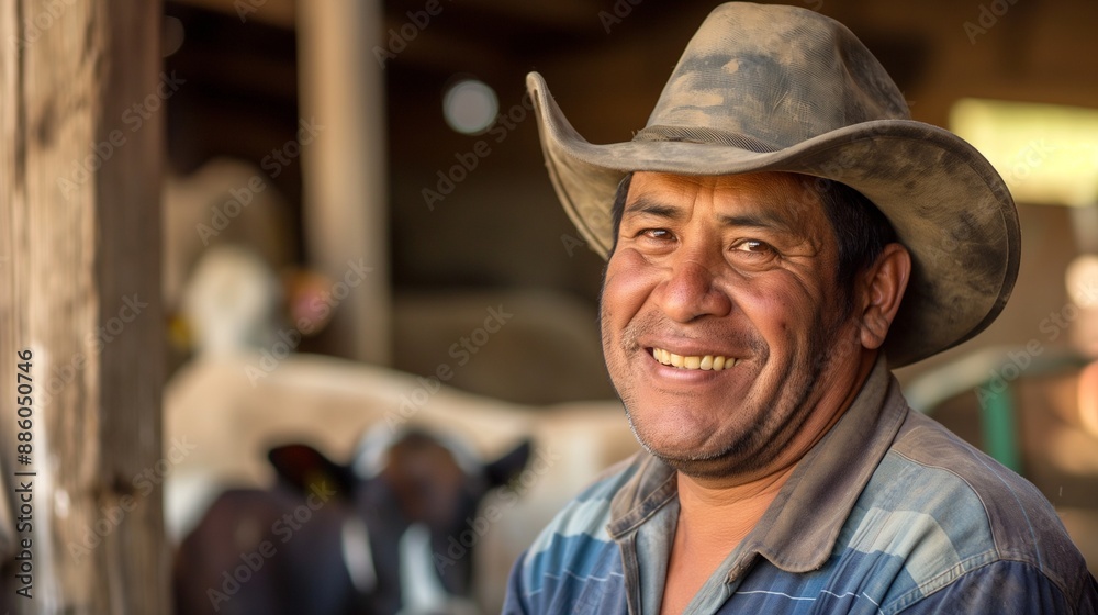 Happy male farm worker in hat and work clothes, standing in front of a barn with livestock, showcasing dedication and love for ranching and rural agricultural life Happy male farm worker in hat and work clothes, standing in front of a barn with livestock, showcasing dedication and love for ranching and rural agricultural life