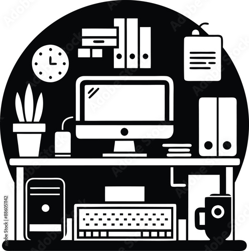 computer workspace silhouette illustration. workspace, office, computer, workplace, business, desk, modern, screen, 