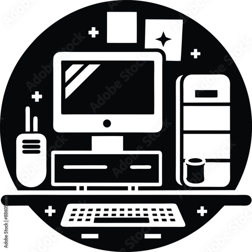 computer workspace silhouette illustration. workspace, office, computer, workplace, business, desk, modern, screen, 