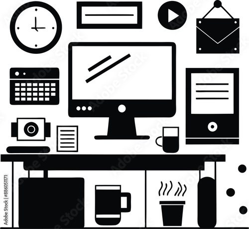 computer workspace silhouette illustration. workspace, office, computer, workplace, business, desk, modern, screen, 