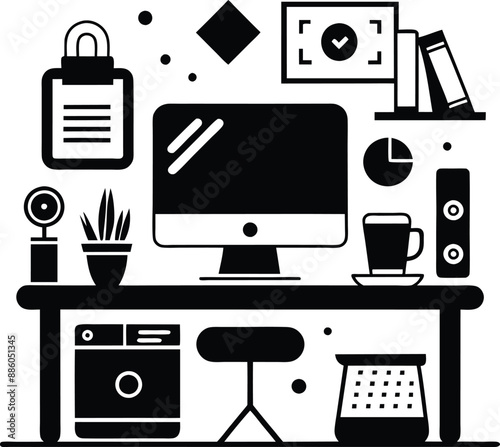 computer workspace silhouette illustration. workspace, office, computer, workplace, business, desk, modern, screen, 