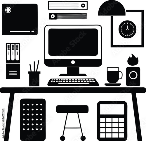 computer workspace silhouette illustration. workspace, office, computer, workplace, business, desk, modern, screen, 