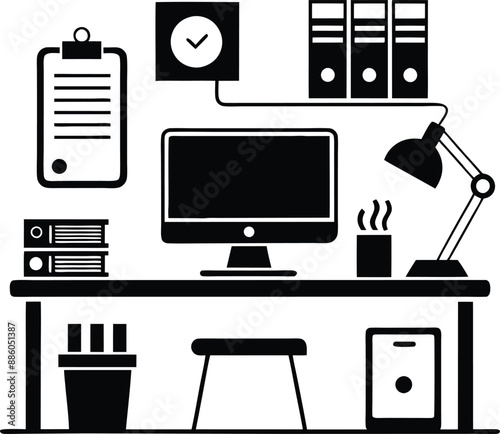 computer workspace silhouette illustration. workspace, office, computer, workplace, business, desk, modern, screen, 