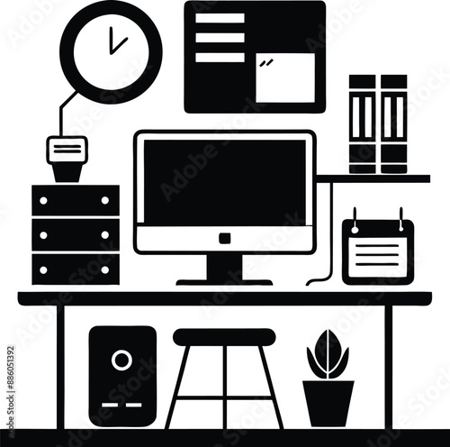 computer workspace silhouette illustration. workspace, office, computer, workplace, business, desk, modern, screen, 