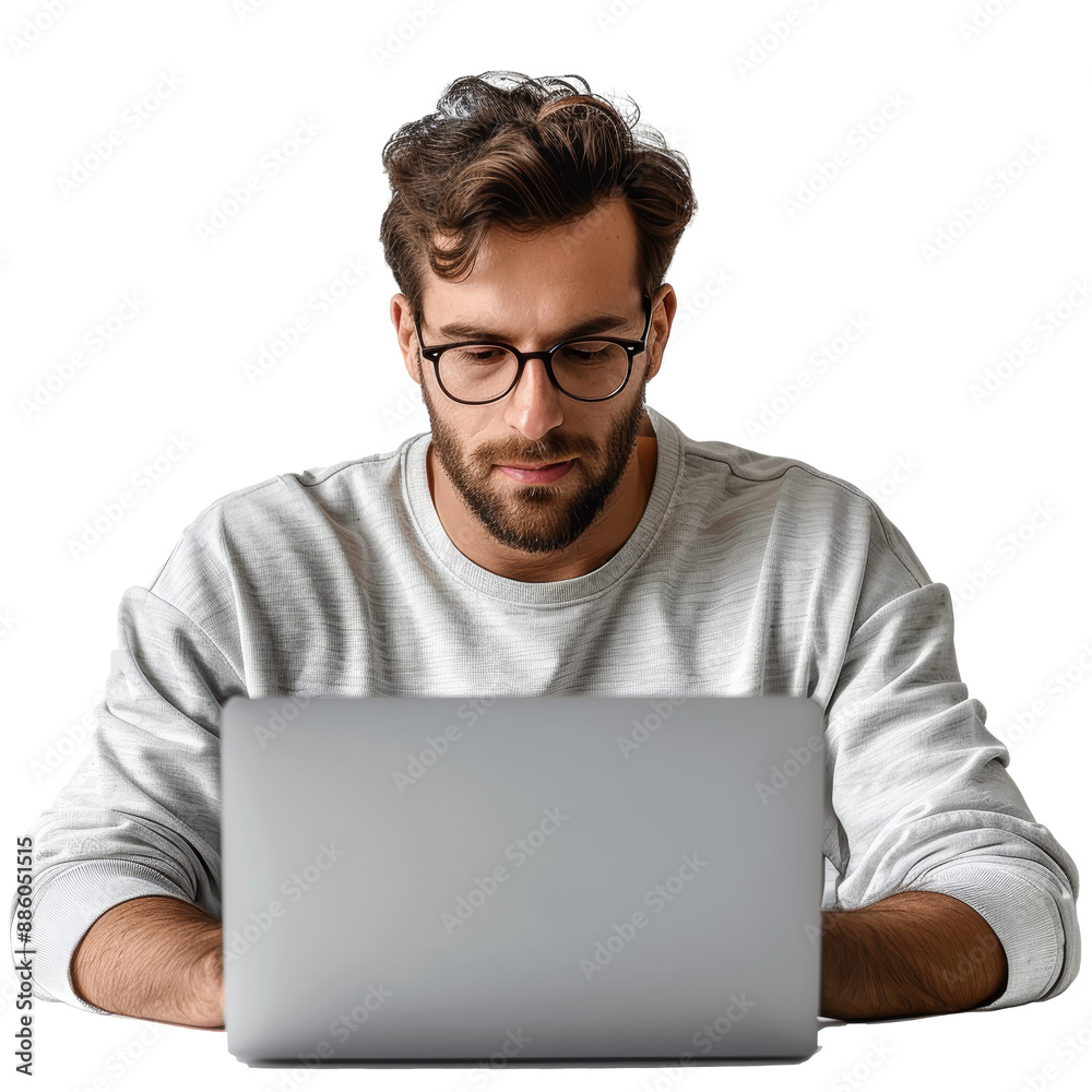 Man with Open Laptop. Isolated on Transparent or White Background, PNG Man with Open Laptop. Isolated on Transparent or White Background, PNG