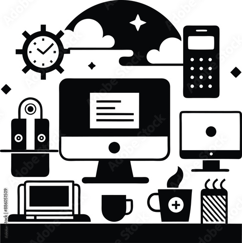 computer workspace silhouette illustration. workspace, office, computer, workplace, business, desk, modern, screen, 