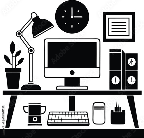 computer workspace silhouette illustration. workspace, office, computer, workplace, business, desk, modern, screen, 