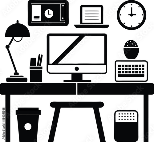 computer workspace silhouette illustration. workspace, office, computer, workplace, business, desk, modern, screen, 