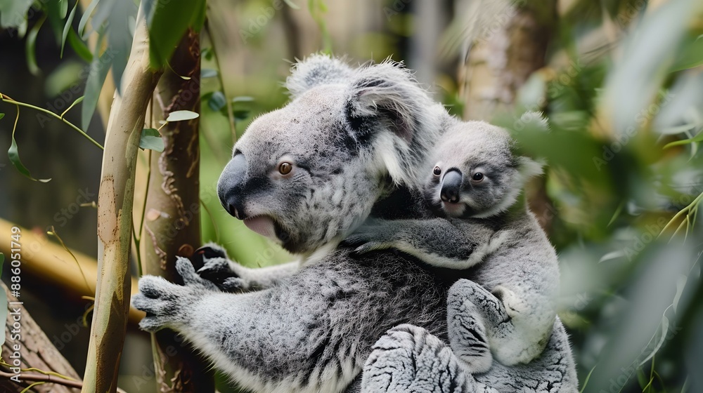 Fototapeta premium Mother koala with baby on her back
