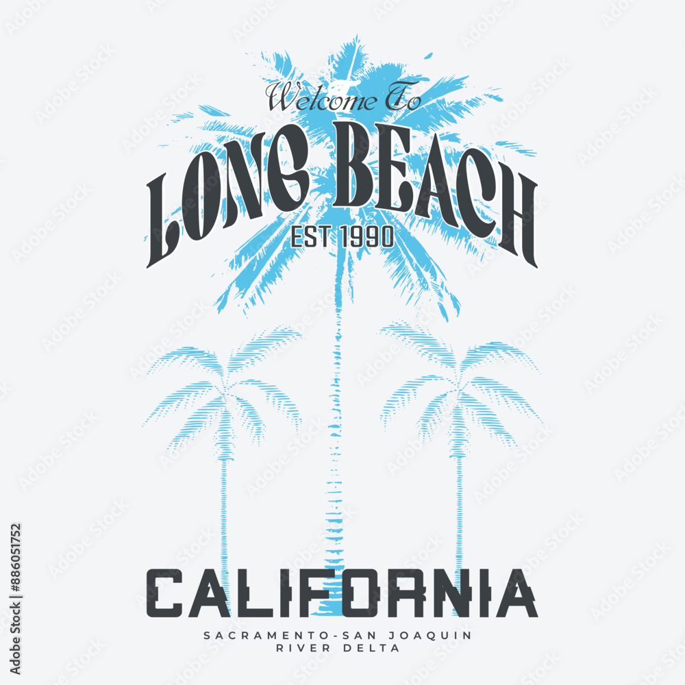 Obraz premium Long beach, summer vibes hand draw, summer beach slogan with beach illustration, Hawaii, Aloha surf typography for t-shirt print , beach vector print,