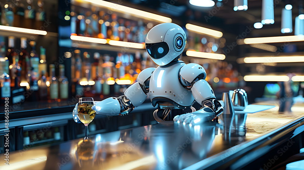 Sleek white robot bartender serves a drink at a high-tech, futuristic bar with illuminated shelves and various bottles in the background Sleek white robot bartender serves a drink at a high-tech, futuristic bar with illuminated shelves and various bottles in the background