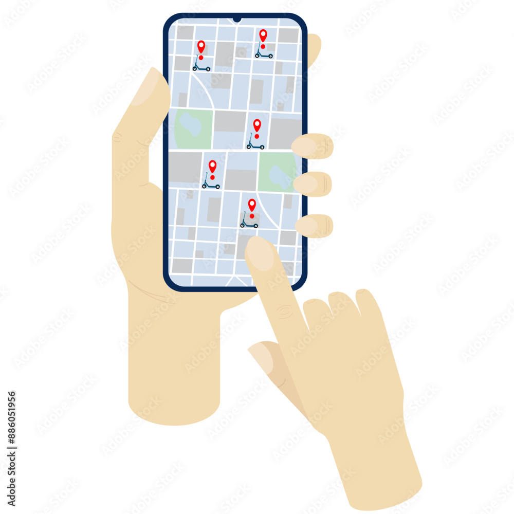 Searching for a scooter on the map, phone in hand on a white background, front view. Flat isolated vector illustration. Concept for scooter rental, green, ecological transport Searching for a scooter on the map, phone in hand on a white background, front view. Flat isolated vector illustration. Concept for scooter rental, green, ecological transport