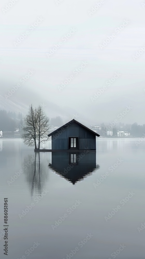 Fototapeta premium Small wooden house on a lake surrounded by mountains and trees