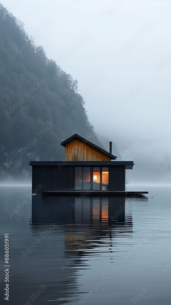 Fototapeta premium Modern floating house on a calm lake surrounded by mountains and trees