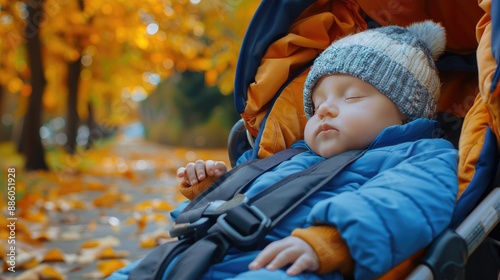 Adorable baby boy sleeping peacefully in a stroller during a beautiful fall day photo