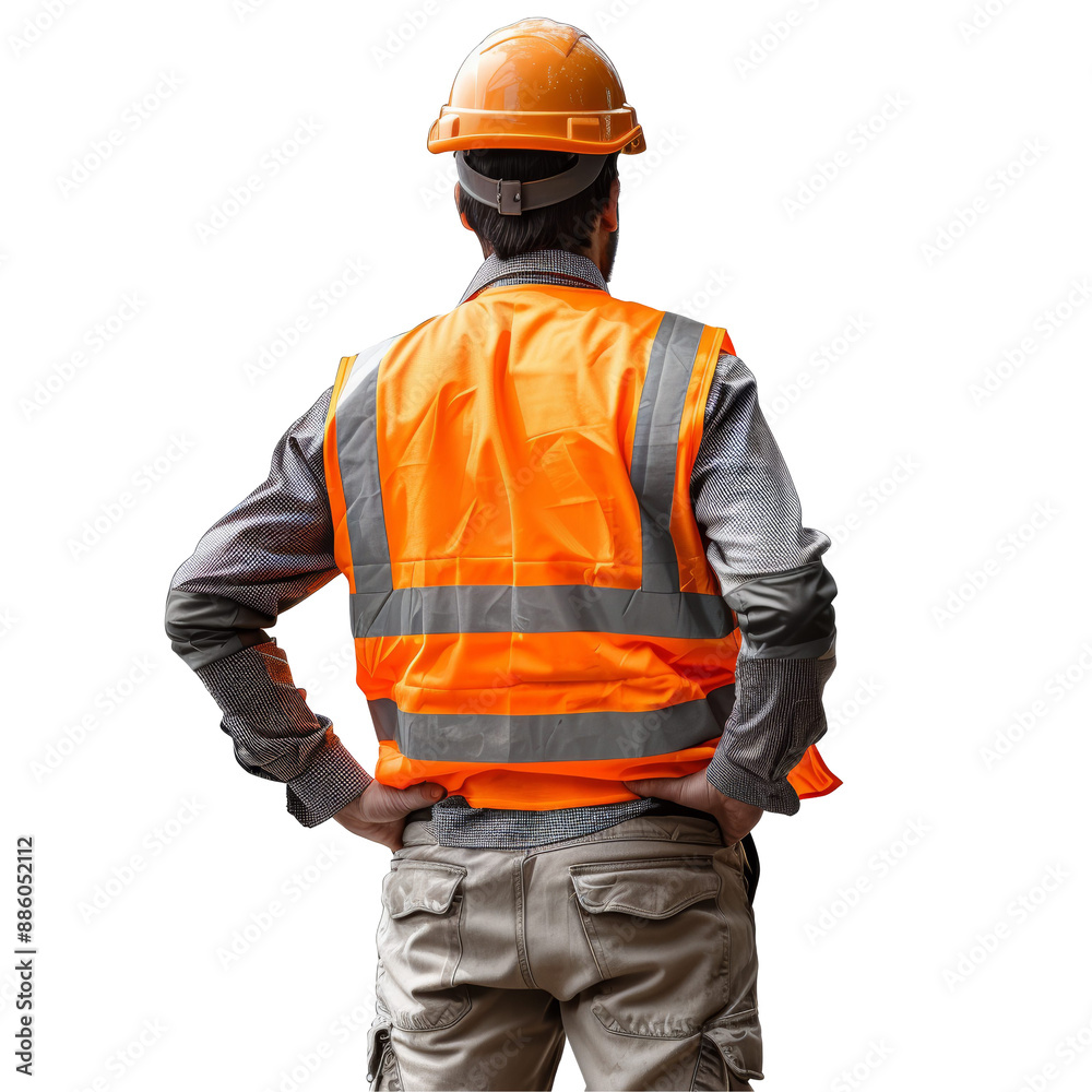 Fototapeta premium Construction Worker in High-Visibility Vest and Helmet Isolated on Transparent or White Background, PNG