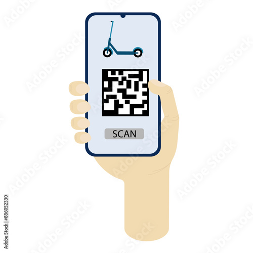 Electric scooter rental concept, sharing service. Locate,download application and register,scan QR code, ride green. Ecological transport. Urban transportation. Flat vector
