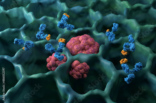 Monoclonal antibody treatment in lung cancer (LC) - isometric view 3d illustration photo