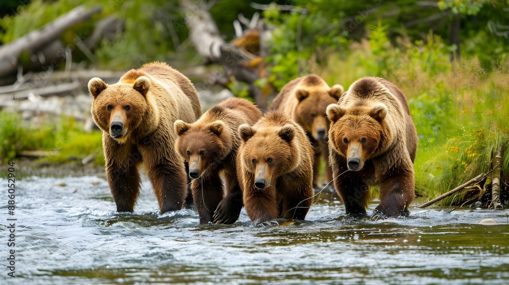 Group of Alaskan brown bears fishing in river Group of Alaskan brown bears fishing in river
