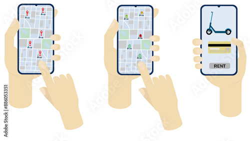 Set of pictures of a phone in hand renting a scooter on a white background, front view. Flat isolated vector illustration. Concept for scooter rental, green, ecological transport
