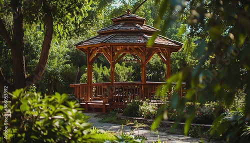 Wooden gazebo in the park. Summer landscape.