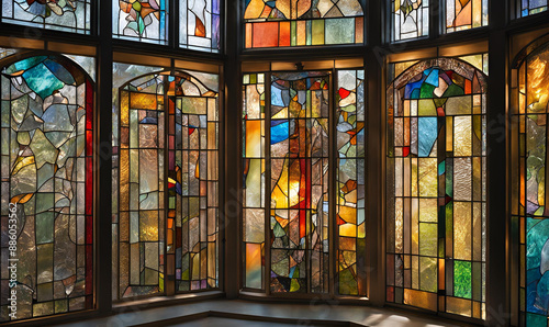 Creative Stained Glass Artist Designs Intricate Windows, Playing with Light and Color. Bright Studio with Glass Shards, Lead Cames, and Completed Windows.