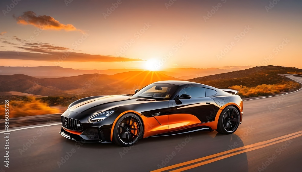 Ultra-Realistic Image of a Black Sports Car with Illuminated Headlights, Capturing the Thrill of the Open Road, car driving on the road