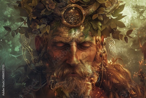 Wise green man with eyes closed wearing a crown of leaves and branches is meditating in nature
