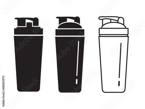 Shaker bottle icon set. Protein shake, smoothie. Vector for sports nutrition concept icon, Standing and shaking motion process blender cups.