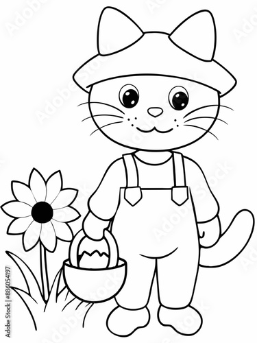 A cute kitten wearing a hat and overalls is holding a basket full of sunflowers vector line art