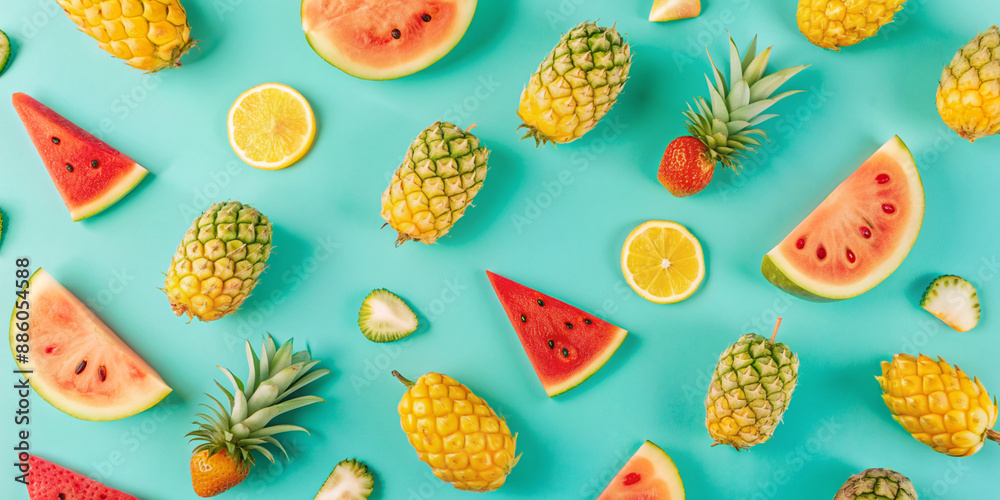 A vibrant summer pattern featuring a variety of fresh tropical fruits like pineapples, watermelons, and strawberries, arranged on a bright turquoise background A vibrant summer pattern featuring a variety of fresh tropical fruits like pineapples, watermelons, and strawberries, arranged on a bright turquoise background
