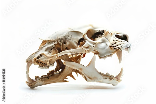 Close up of a weathered lion skull with visible teeth and nasal cavity photo