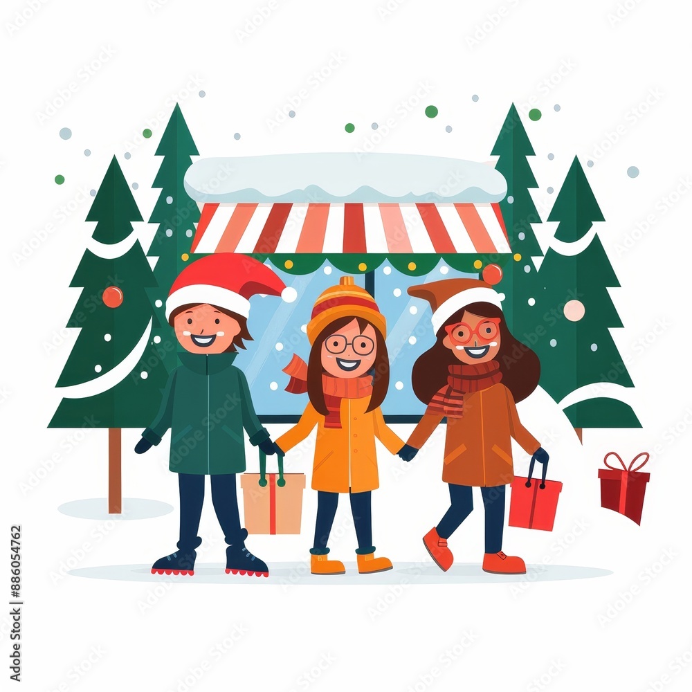 Three people are walking in the snow, one of them is wearing a red hat Three people are walking in the snow, one of them is wearing a red hat