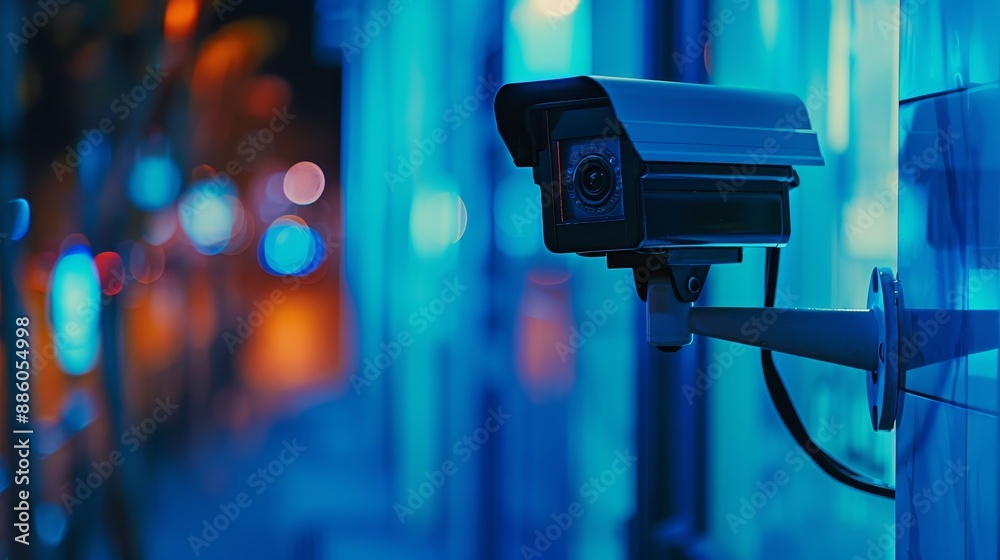 A camera is mounted on a pole in a city street A camera is mounted on a pole in a city street