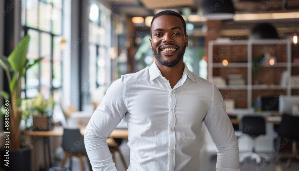 A man wearing a white shirt is standing in an office and has his hands on his hips A man wearing a white shirt is standing in an office and has his hands on his hips