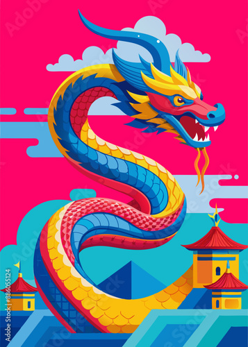 The red snake is the symbol of the year 2025: vector illustration.Chinese New Year Snakes: Vector illustration in bright colors.The Year of the Snake 2025: a vector illustration for celebrating the Ne