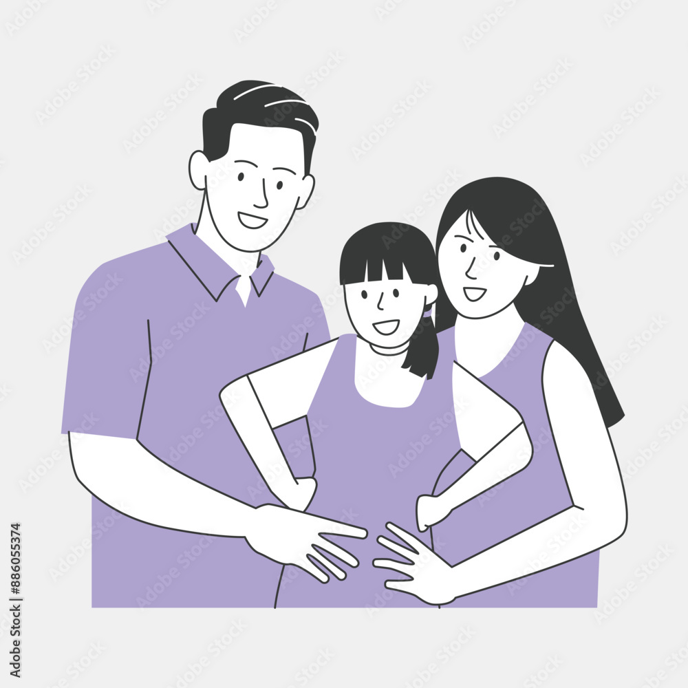 Family of three happy smiling daughter with mother and father posing portrait illustration simple line drawing Family of three happy smiling daughter with mother and father posing portrait illustration simple line drawing