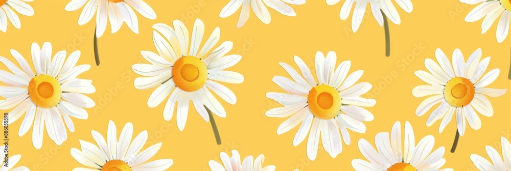 A pattern featuring white daisies with yellow centers on a bright yellow background A pattern featuring white daisies with yellow centers on a bright yellow background